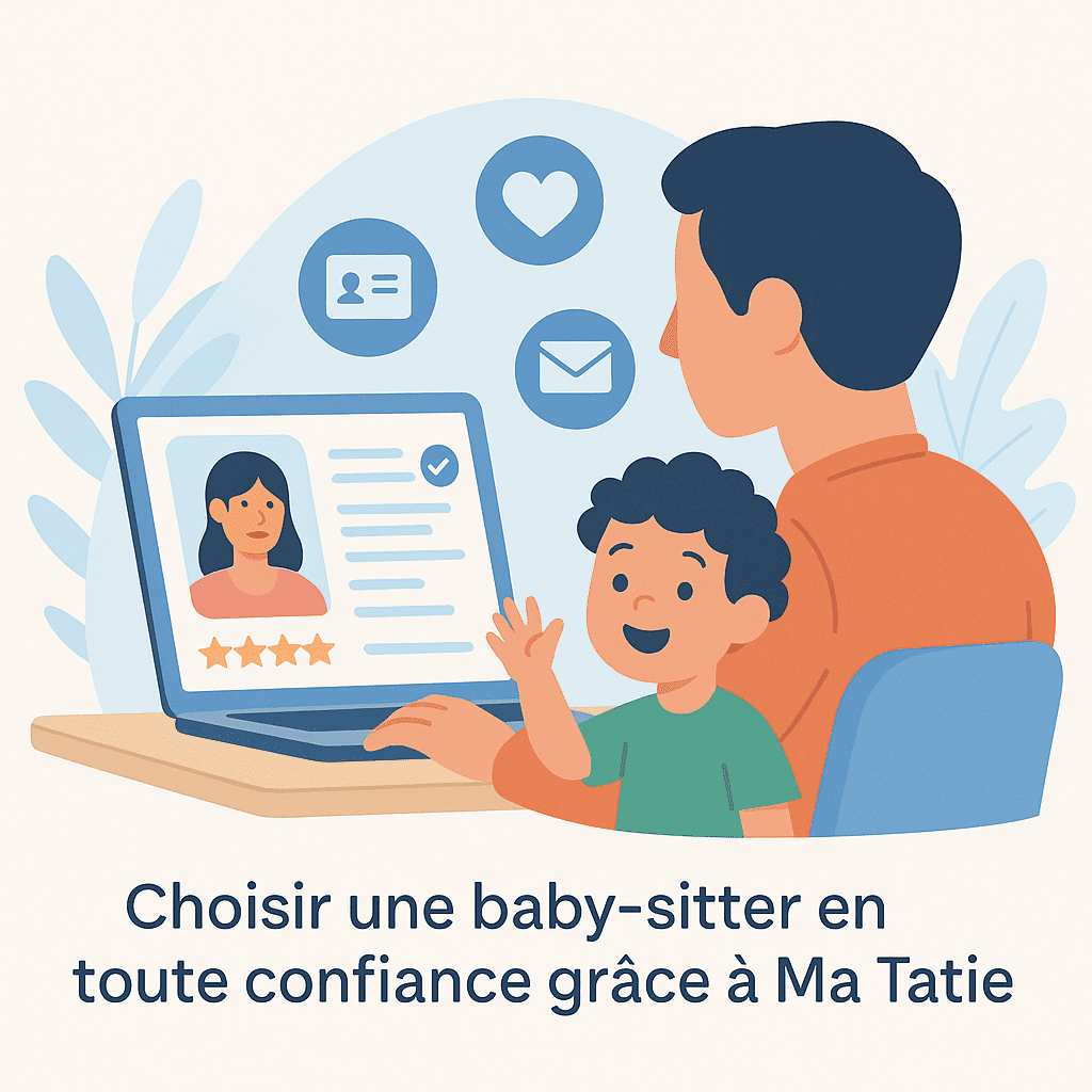 Illustration d’un père consultant un profil de tatie sur son ordinateur portable, avec son enfant souriant à côté.