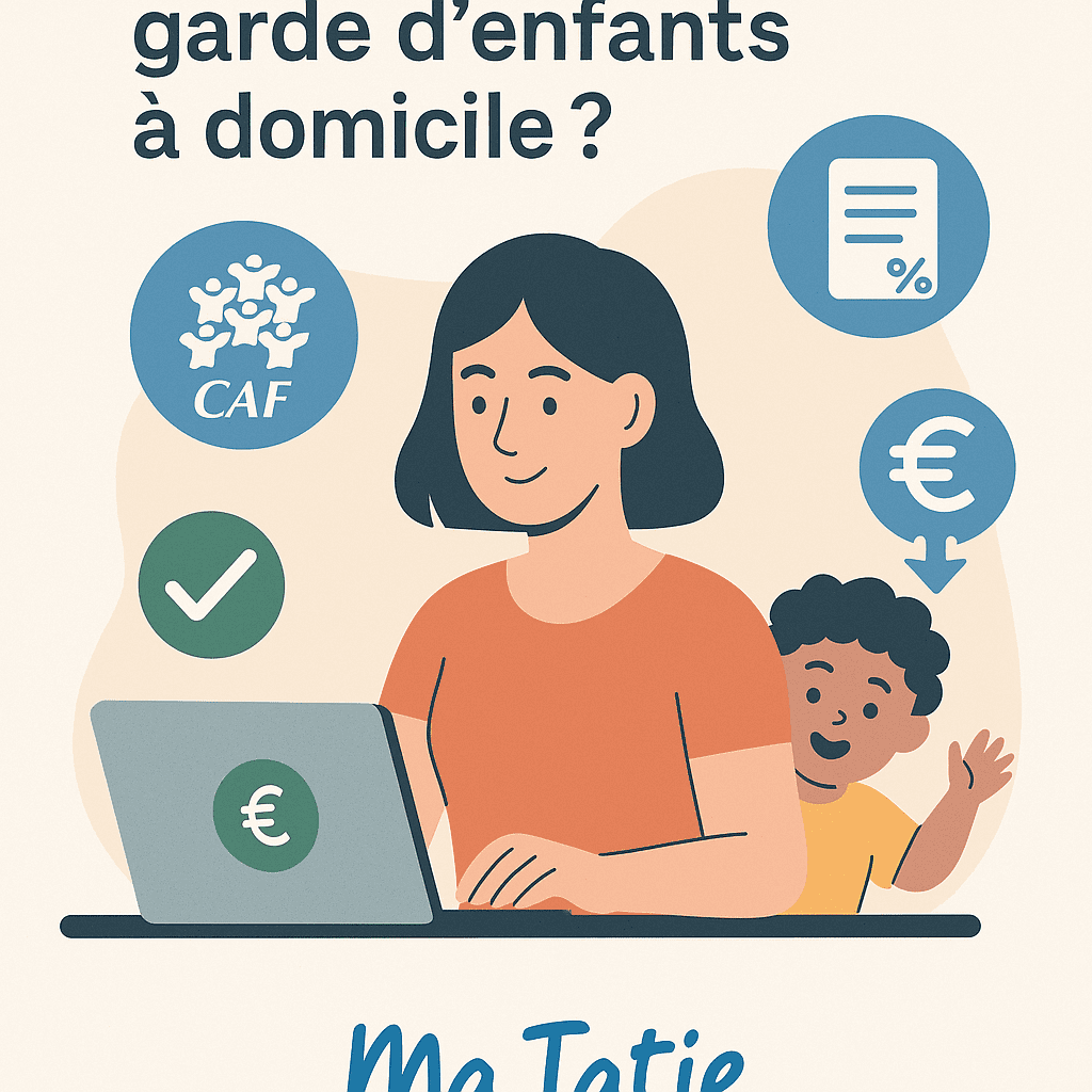 Illustration d'une maman consultant les aides financières pour la garde d'enfants sur un ordinateur, avec son enfant qui joue à côté.