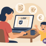 Illustration d'une mère consultant la législation sur la garde d'enfants à domicile, avec son enfant à ses côtés et des icônes légales et financières.