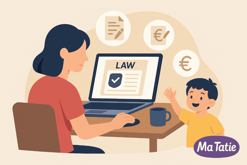Illustration d'une mère consultant la législation sur la garde d'enfants à domicile, avec son enfant à ses côtés et des icônes légales et financières.